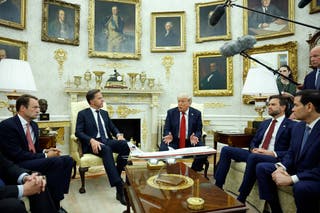 US President Donald Trump gives comments alongside NATO -Secretary -General Mark Rutte during a meeting in the Oval Office in the White House